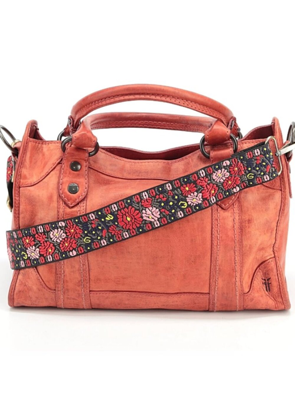 Frye Melissa Washed Leather Satchel Burnt Orange Boho Embroidered Strap EUC